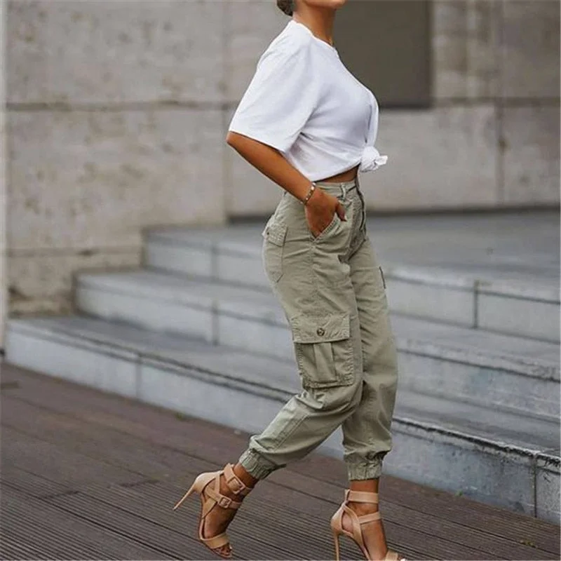 FashionSierra - Summer High Waist Casual Cargo Stacked Pants