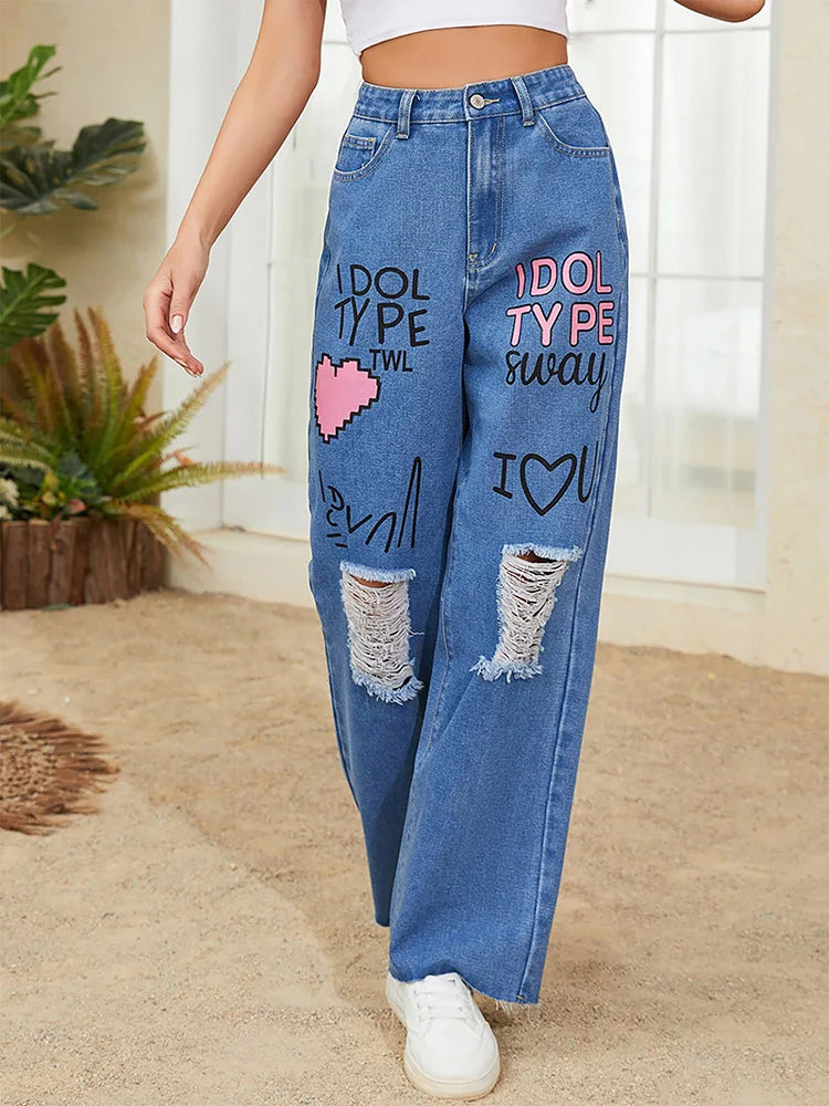 FashionSierra - Ripped Graffiti Punk Street Heart Trouser