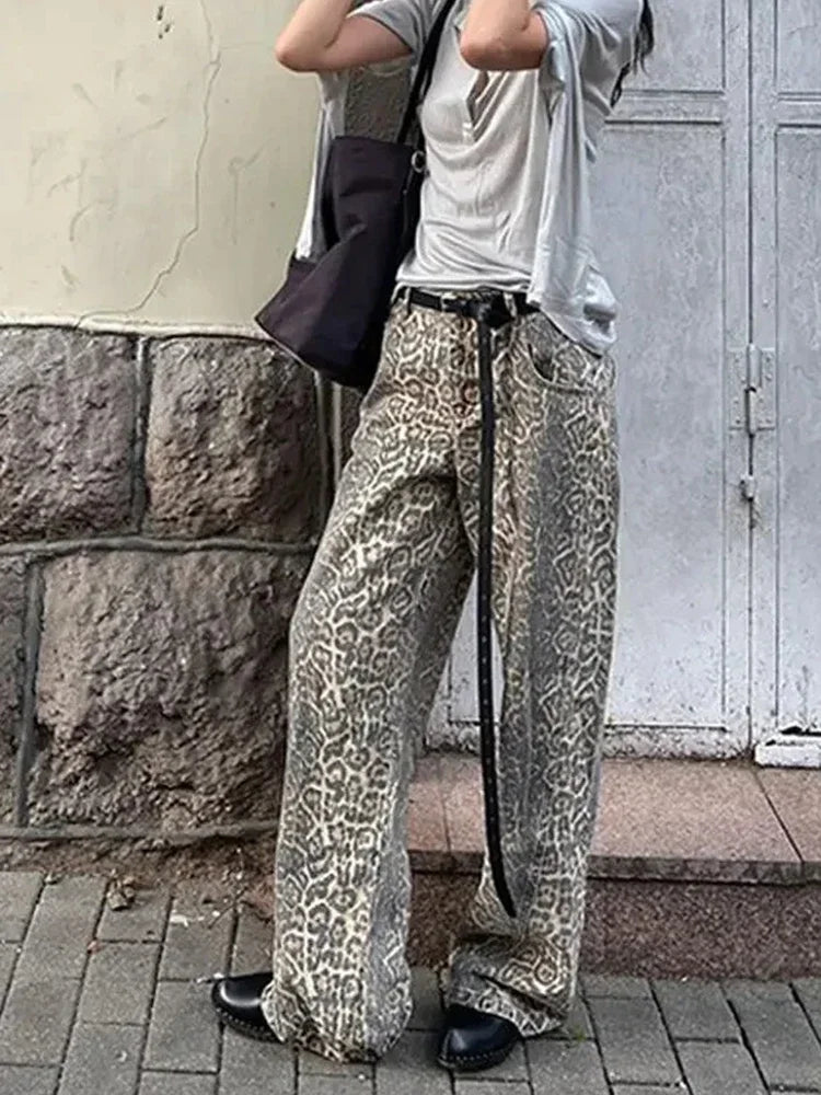 FashionSierra - Girl American Leopard Print Retro Street Casual High Waist Trouser