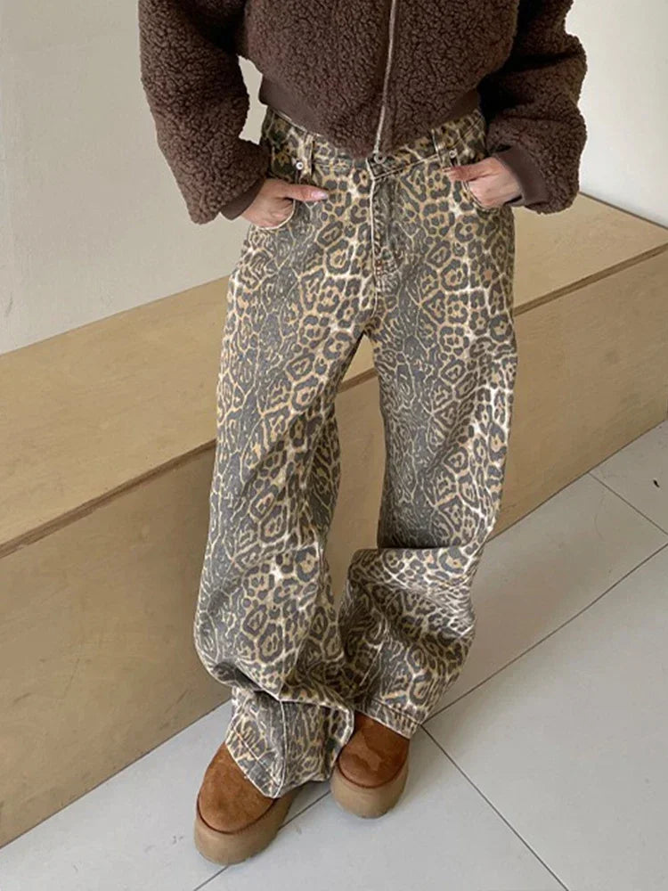 FashionSierra - Retro Y2K American Street Leopard Girl Korean High Waist Straight Baggy Trouser