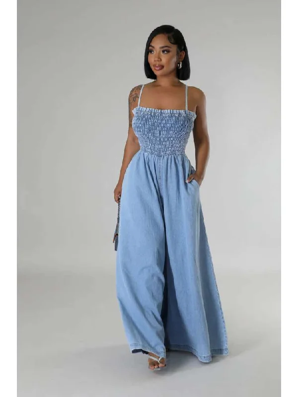 Denim Spaghetti Straps Wide Leg Jumpsuits