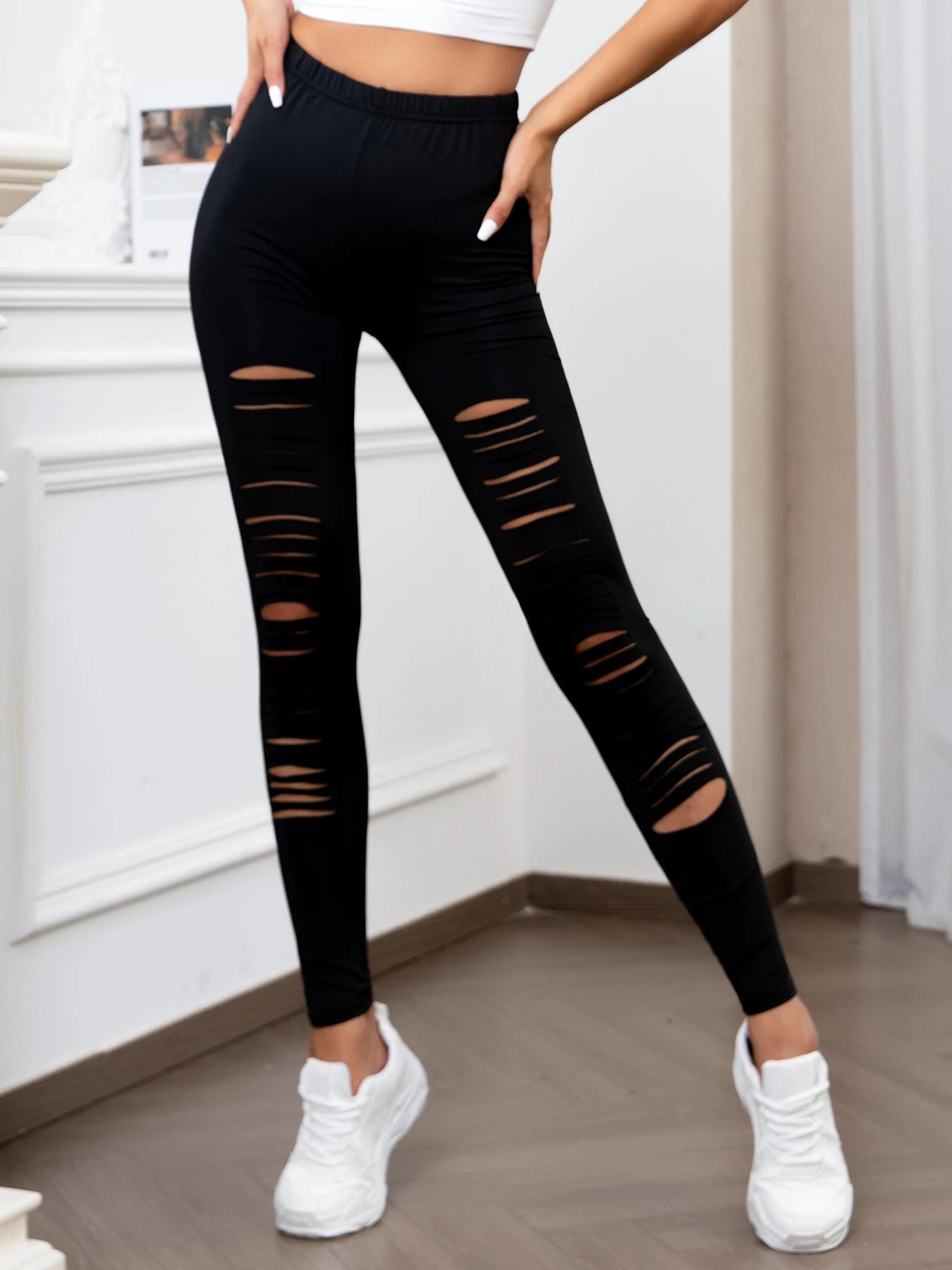 European US High-Waisted Ripped Stretch Leggings Solid Color Tight Bottom