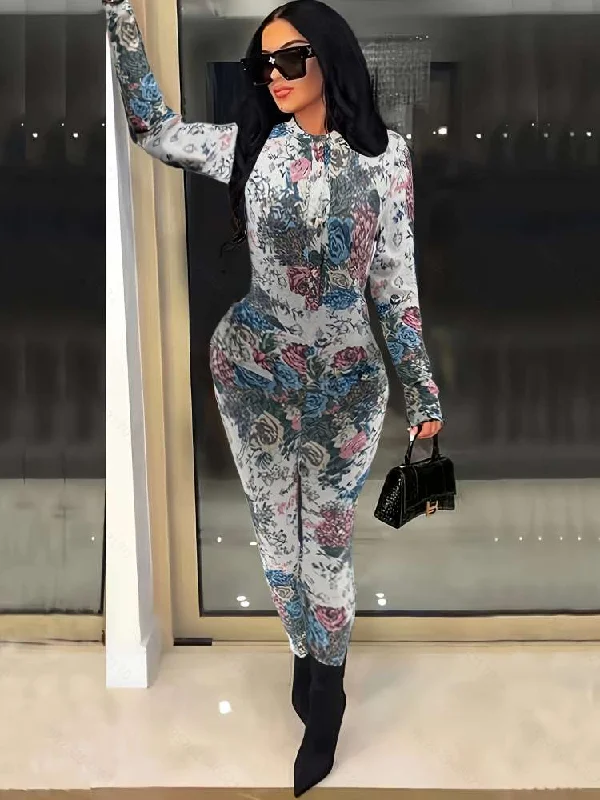 Floral Printed Long Sleeve Fitted Jumpsuits