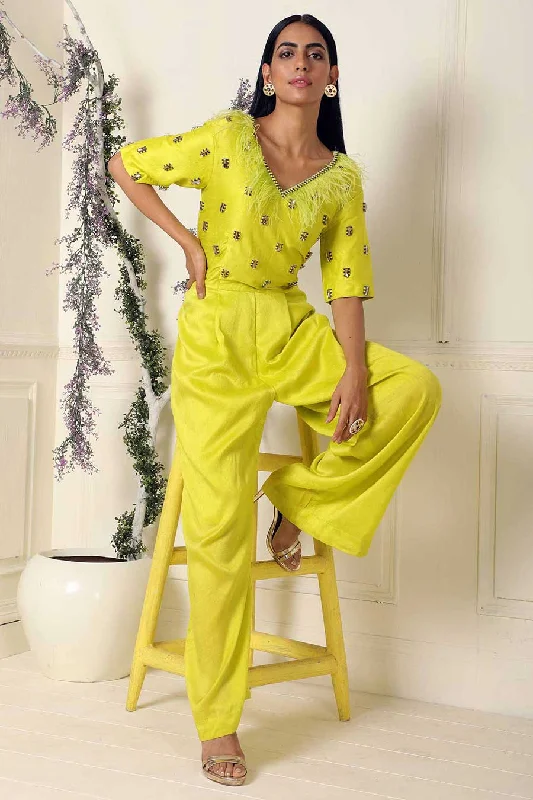 Lime Green Hand Embroidered Silk Jumpsuit