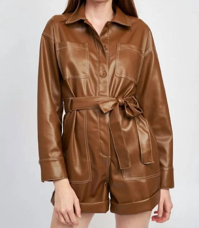 Regan Vegan Leather Romper in Tan