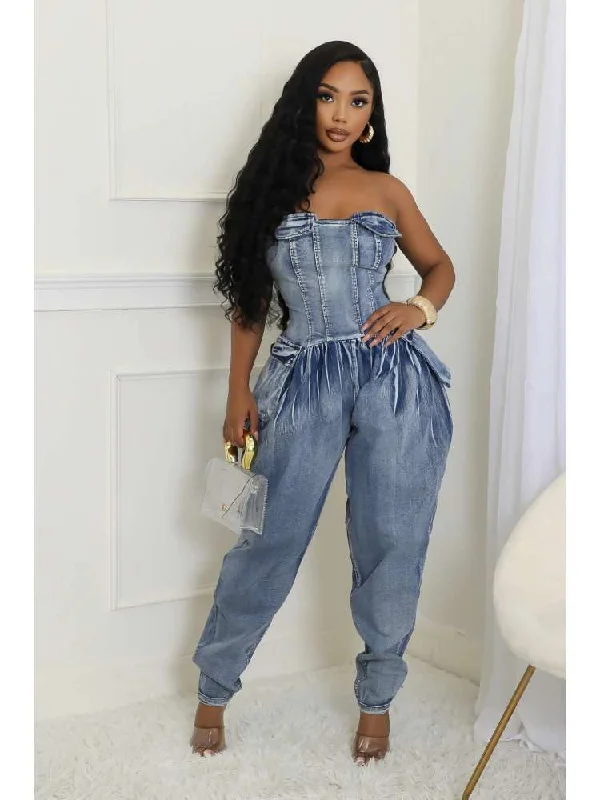 Ruched Denim Fitted Strapless Jumpsuits