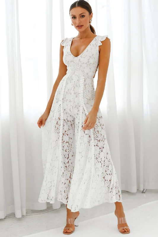 Take Note Laced-Back Frill Shoulder Lace Jumpsuit White