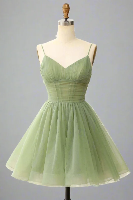 A-Line V-Neck Sage Green Pleated Short Homecoming Dress