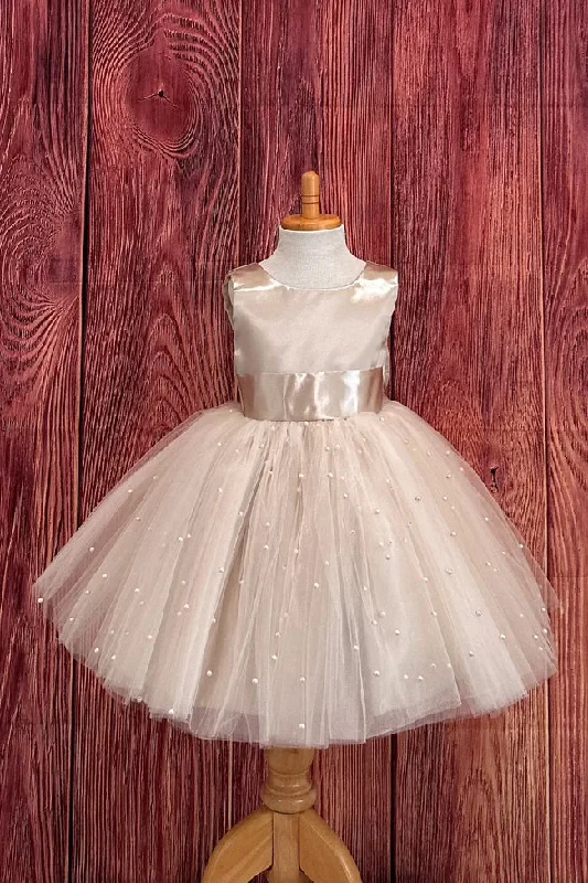 Adorable Champagne Flower Girl Dress with Pearls