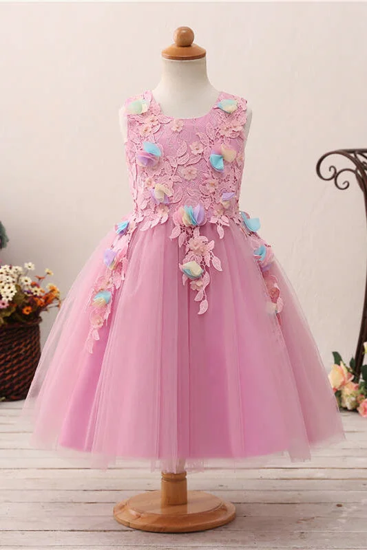 Cute 3D Flowers Pink Flower Girl Dress with Lace Appliques