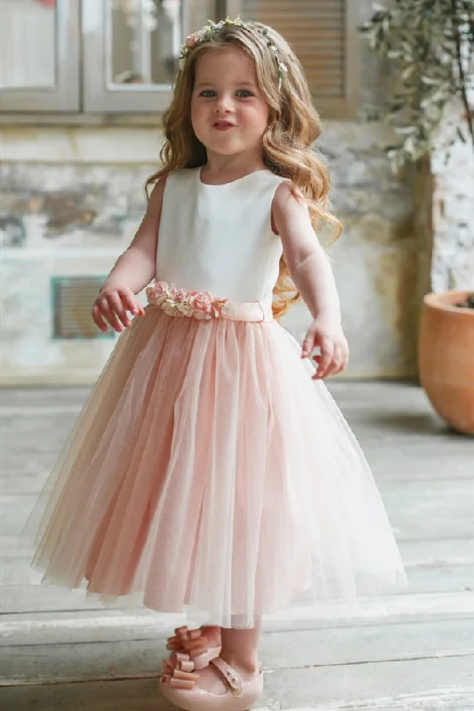 Cute Chic White and Pink Flower Girl Dress with Floral Belt