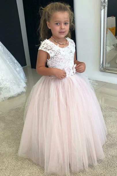 Cute White and Pink Flower Girl Dress with Lace Bodice'