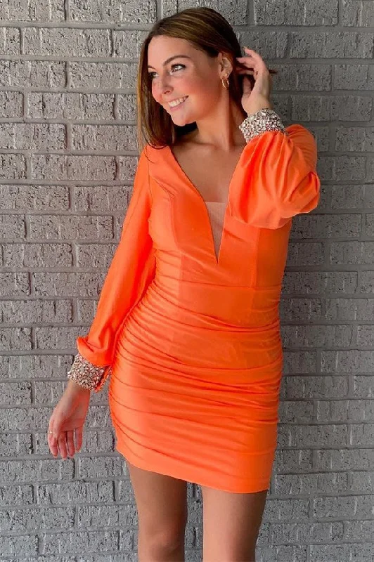 Elegant Long Sleeves Orange Short Party Dress