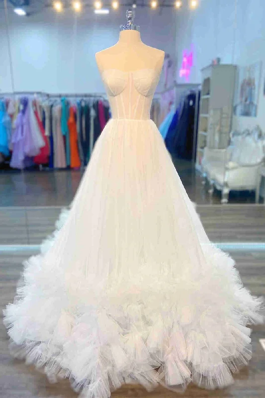 Elegant White Strapless Tiered Tulle Long Wedding Dress