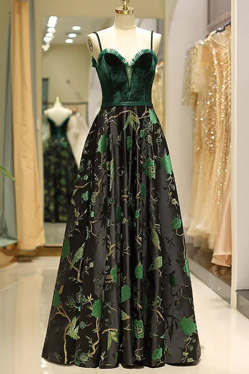 Embroidery Green Floral Long Prom Evening Dress