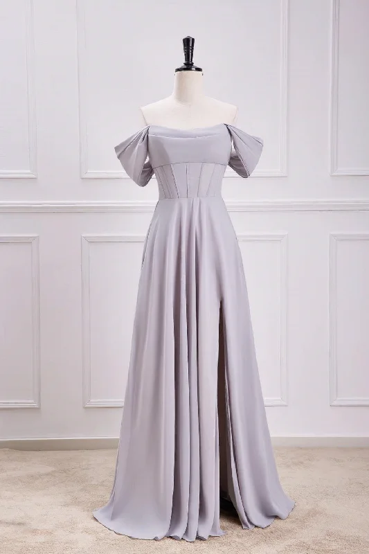 Grey Off the Shoulder Chiffon A-Line Bridesmaid Dress