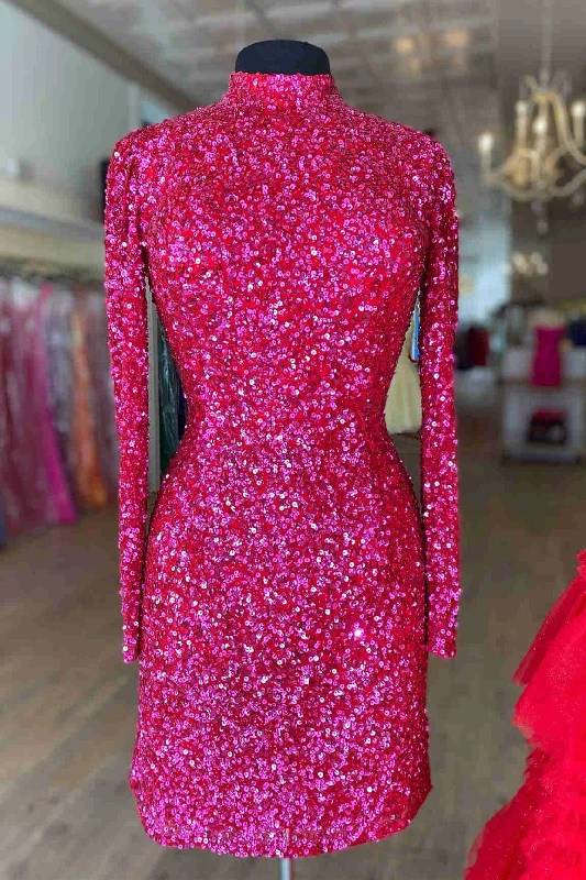 Long Sleeves High Neck Fuchsia Sequins Homecoming Dress