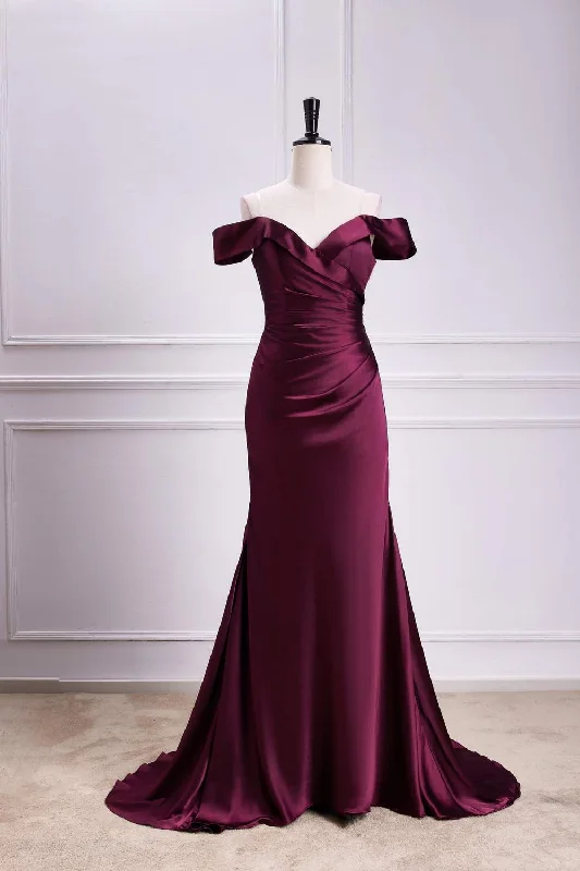 Off the Shoulder Cabernet Pleated Mermaid Bridesmaid Dress