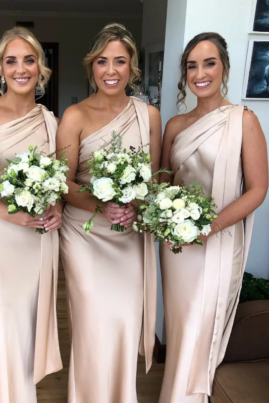 One Shoulder Champagne Bridesmaid Dresses with Belt