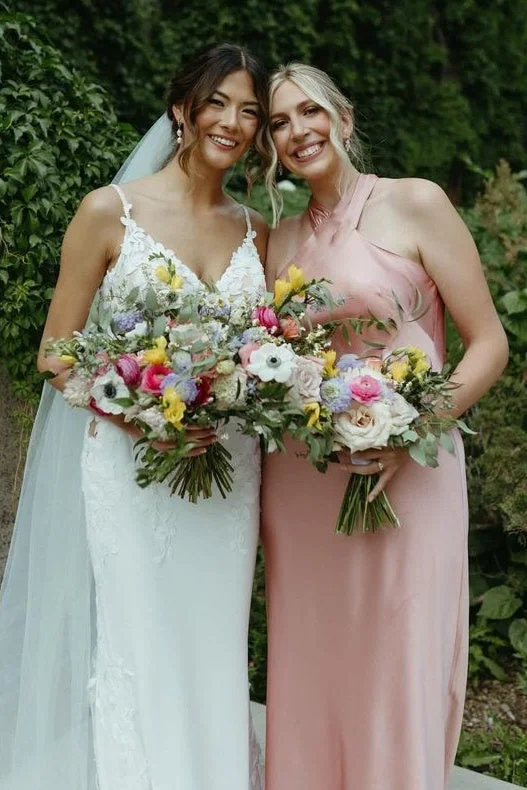 Rose Gold Long Bridesmaid Dresses with Criss Cross Neck