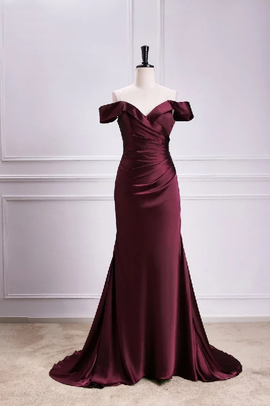 Burgundy Off-The-Shoulder Satin Mermaid Bridesmaid Dress