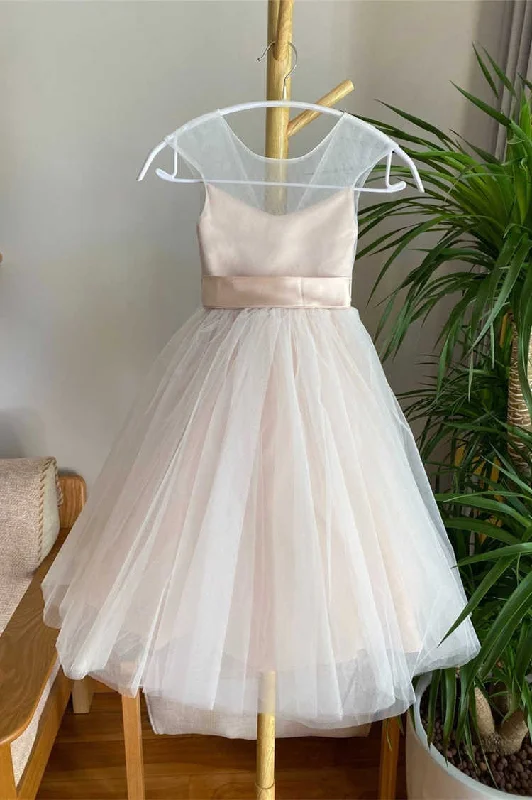 Simple Champagne Long Flower Girl Dress with Belt