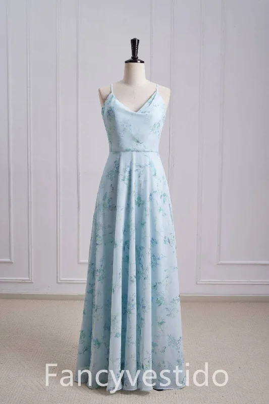 Straps Cowl Neck Floral Print Chiffon Bridesmaid Dress