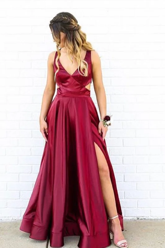 V-Neck Side Split Burgundy Prom Dress with Cutouts