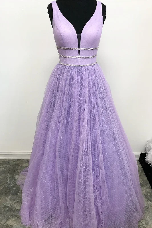 V-Neck Beaded Tulle Lavender Long Prom Dress