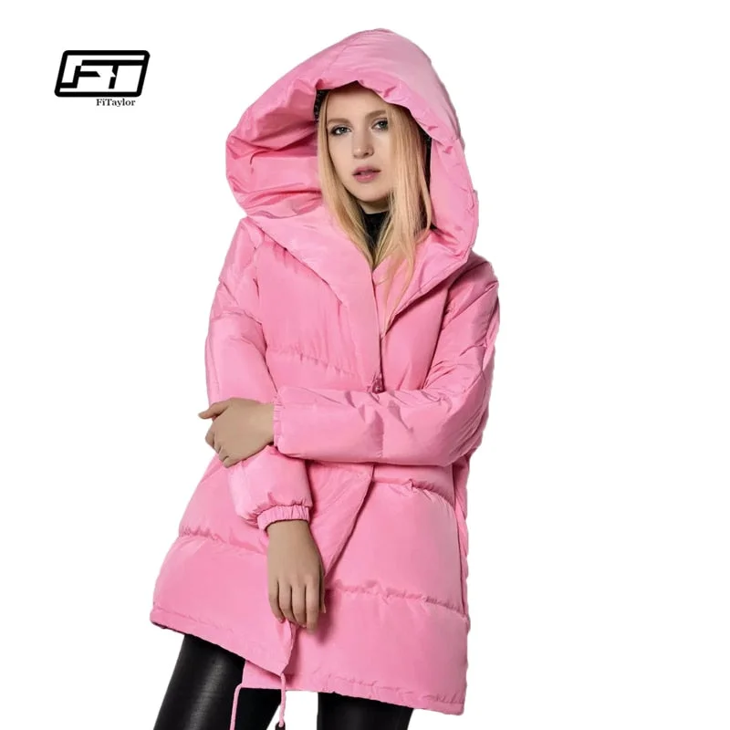 Winter Jackets Women 90% White Duck Down Parkas Loose Fit Plus Size Hooded Coats Medium Long Warm Casual Pink Snow Outwear