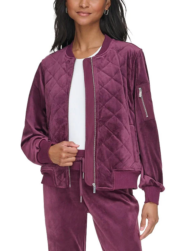 Womens Velour Ribbed Trim Quilted Coat