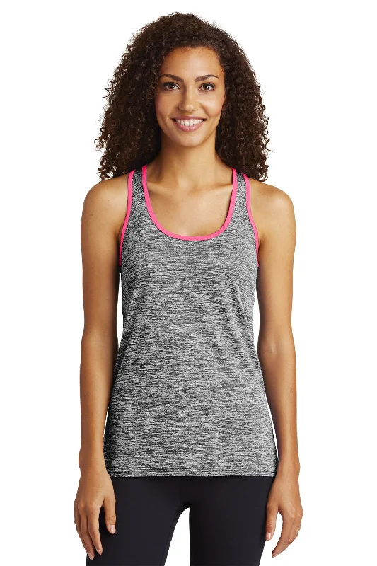 Sport-Tek Womens Electric Heather Moisture Wicking Tank Top - Black Electric/Neon Pink