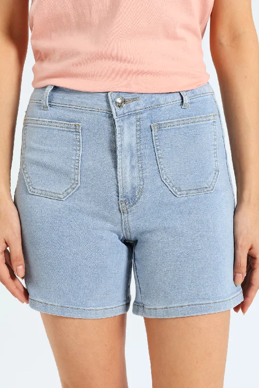 Patch Pocket Denim Knit Mid Thigh Shorts - Light Wash