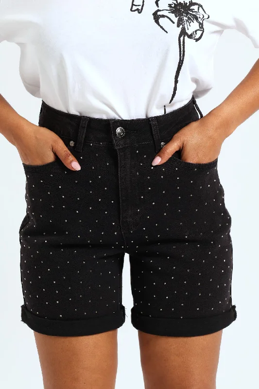 Roll Hem Embellished Mid Thigh Shorts-Charcoal