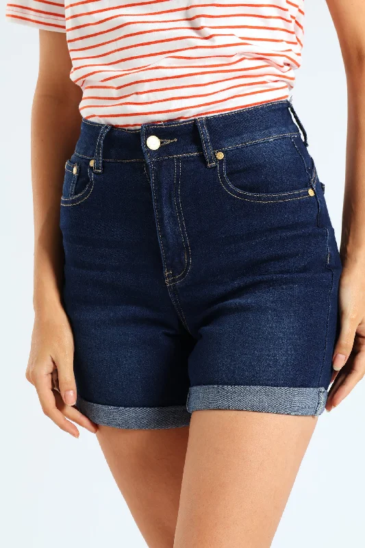 Roll Hem Mid Thigh Classic Denim Short-Ink