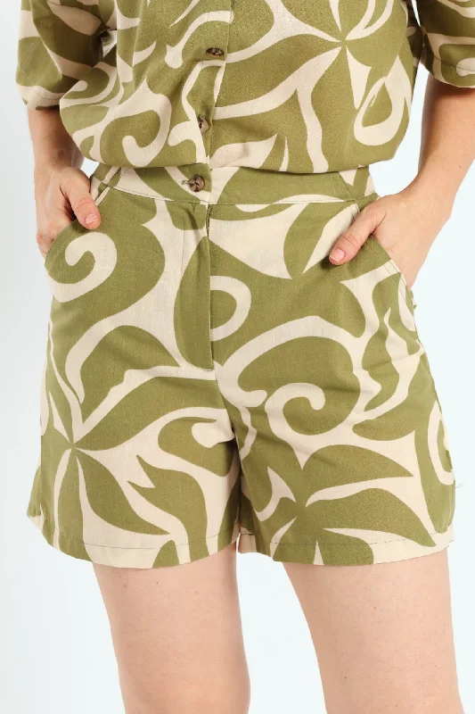 Zip-Up Swirly Print Mid Thigh Shorts - Fatigue/Cream