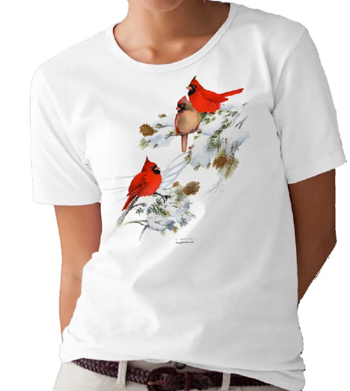 Cardinals and Fir Boughs T-shirt/tee by Valerie Pfeiffer