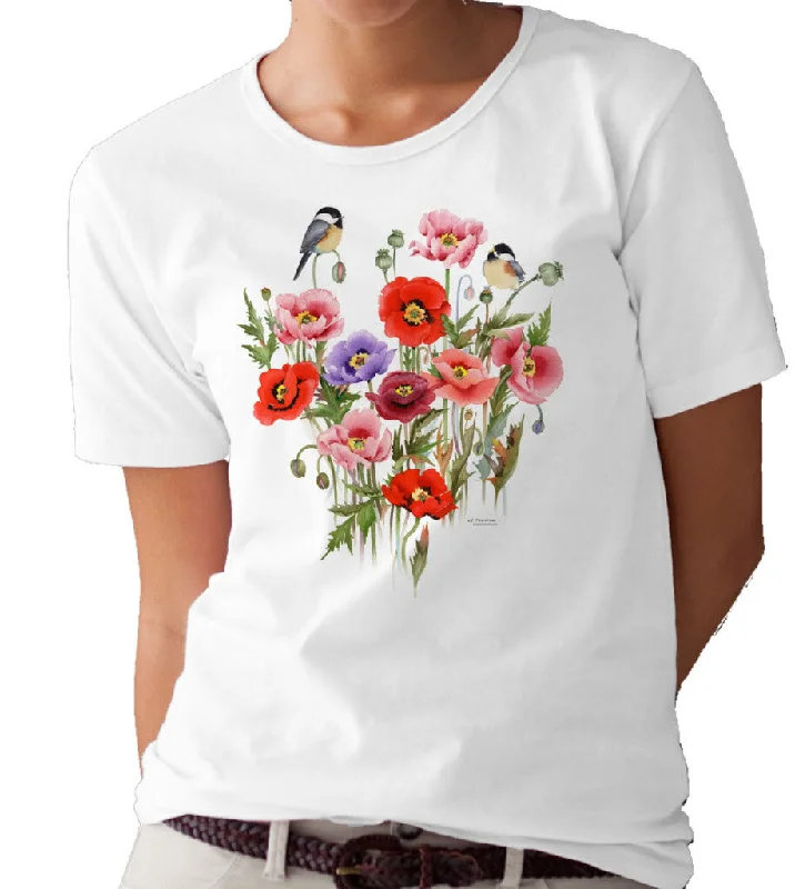 Chickadees and Poppies T-shirt/tee by Valerie Pfeiffer