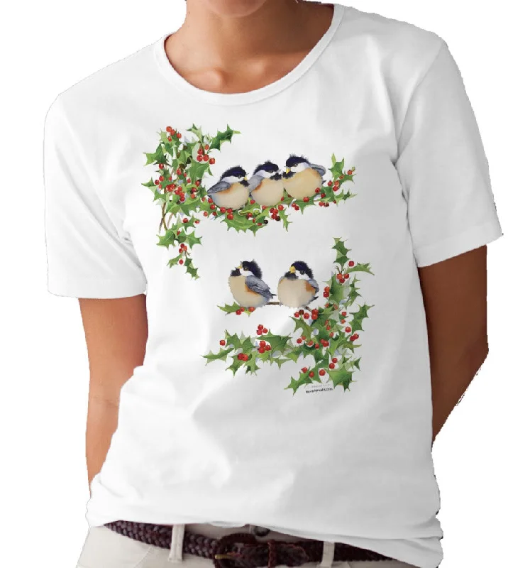 Christmas Chickadees and Holly T-shirt/tee by Valerie Pfeiffer