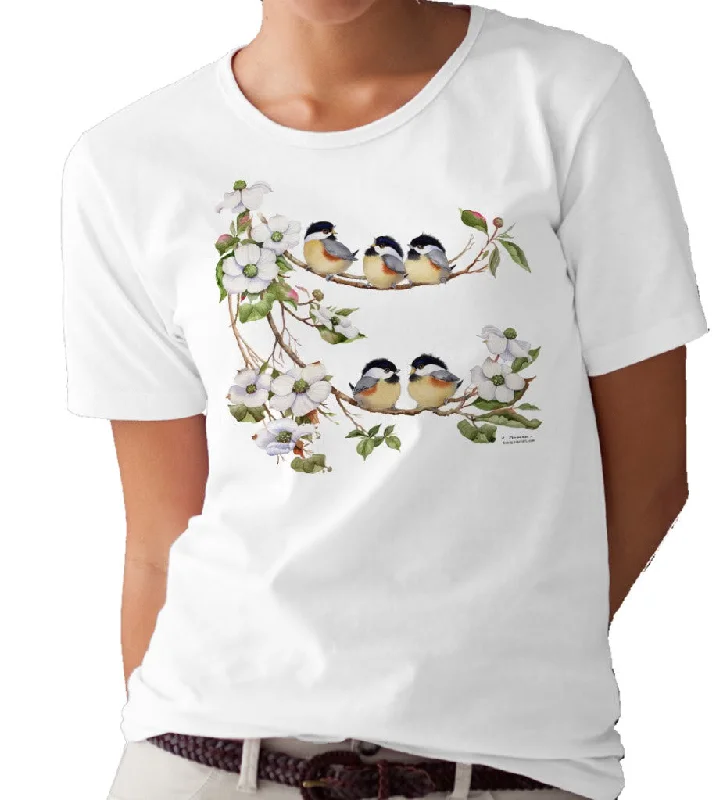 Dogwood and Chickadees T-shirt/tee by Valerie Pfeiffer