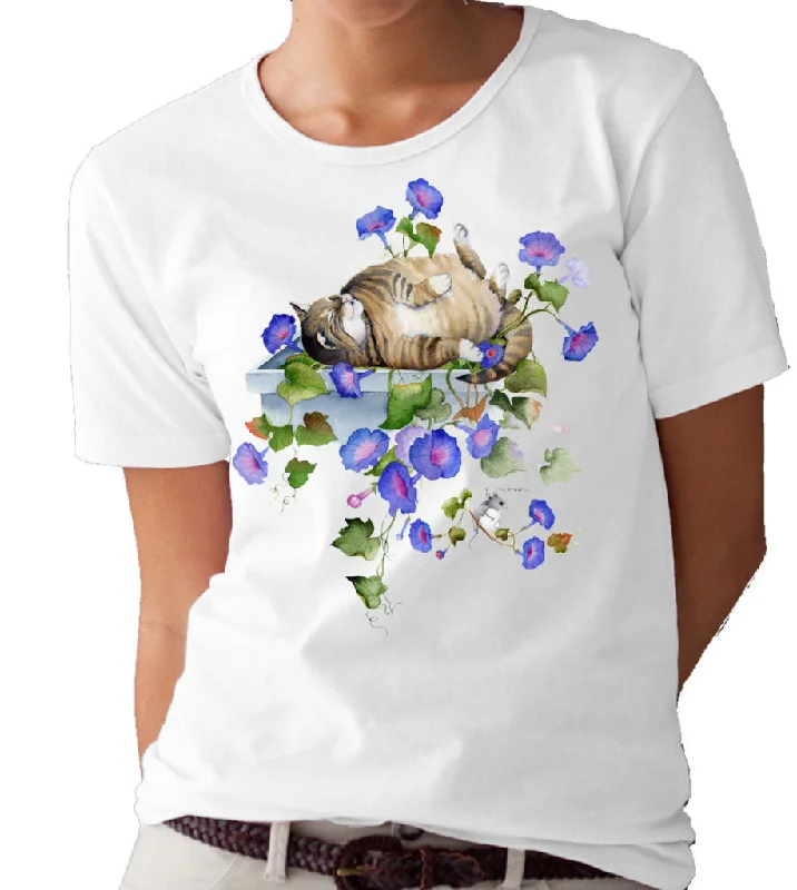 Morning Glory Cat and Mouse T-shirt/tee by Valerie Pfeiffer