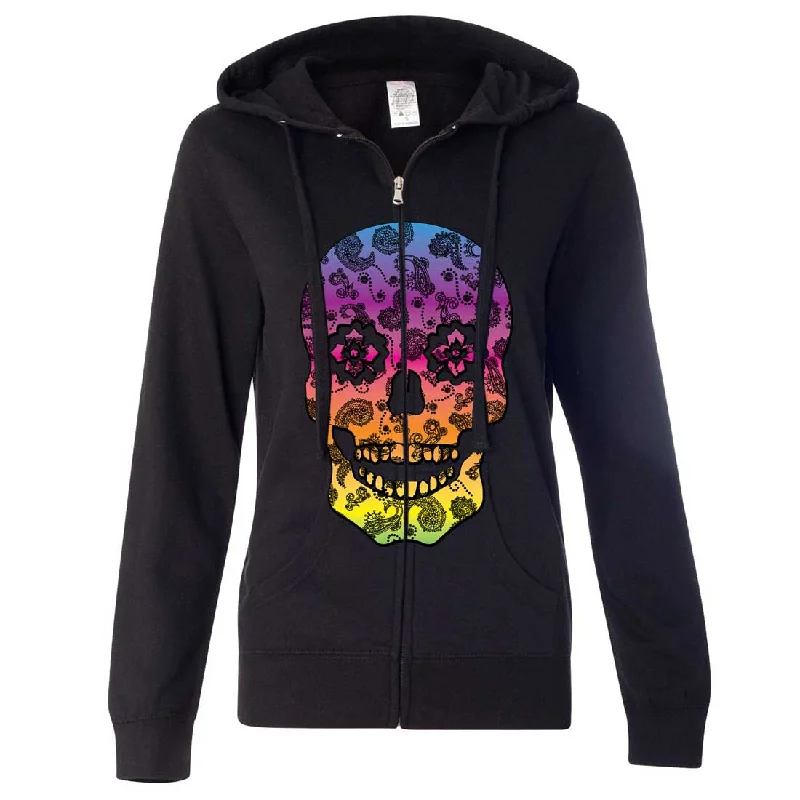 Neon Paisley Print Sugar Skull Ladies Zip-Up Hoodie