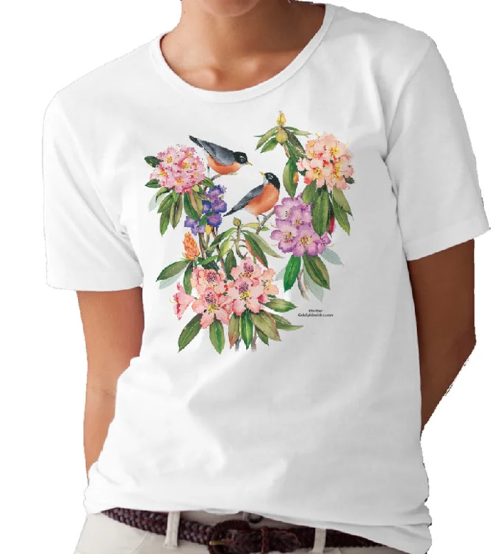 Rhododendrons and Robins T-shirt/tee by Valerie Pfeiffer